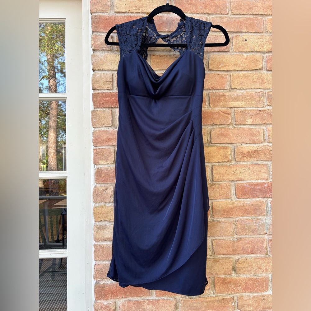 XSCAPE Navy lace ruched formal dress